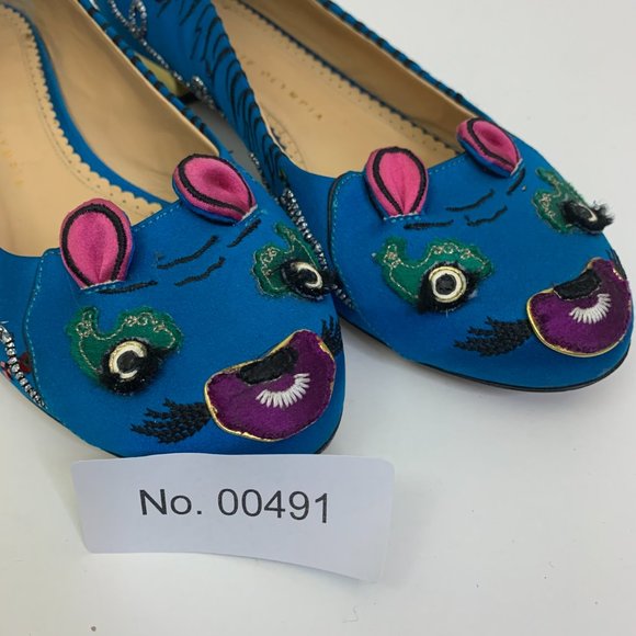 Charlotte Olympia Crouching Tiger Satin Loafer Women's Size 38  Blue - Picture 9 of 9